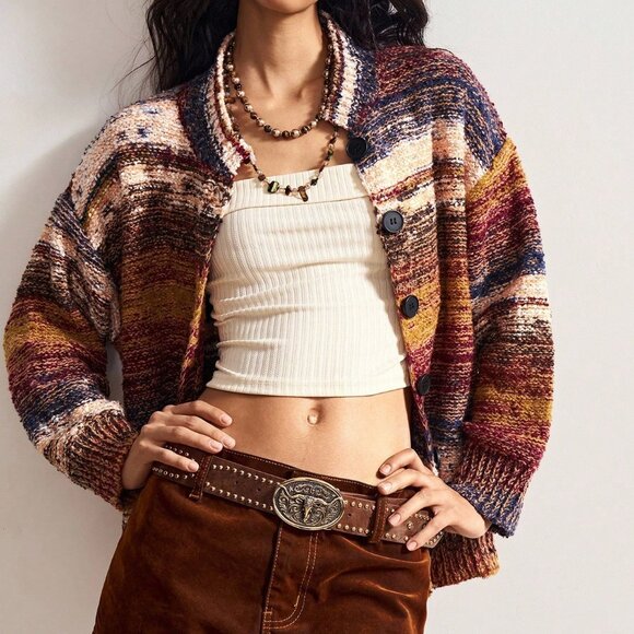 Multicolor Casual Women's Marble Knitted Oversized Cardigan - Picture 7 of 8